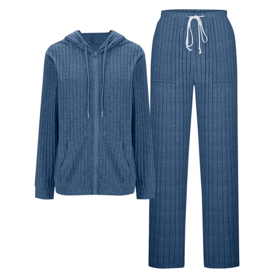 biudgviw Two Piece Sets for Women Zip Up Hoodies Lounge Set Comfy Drawstring Long Sleeve Ribbed Knit Tops and Pants Sets with Pockets