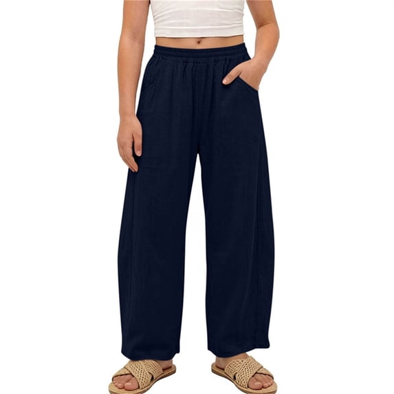 biudgviw Unisex Kids Pants Elastic Waist Wide Leg Trousers Toddler Baby Casual Baggy Pants with Pockets for Beach Vacation(Navy,5-6 Years)