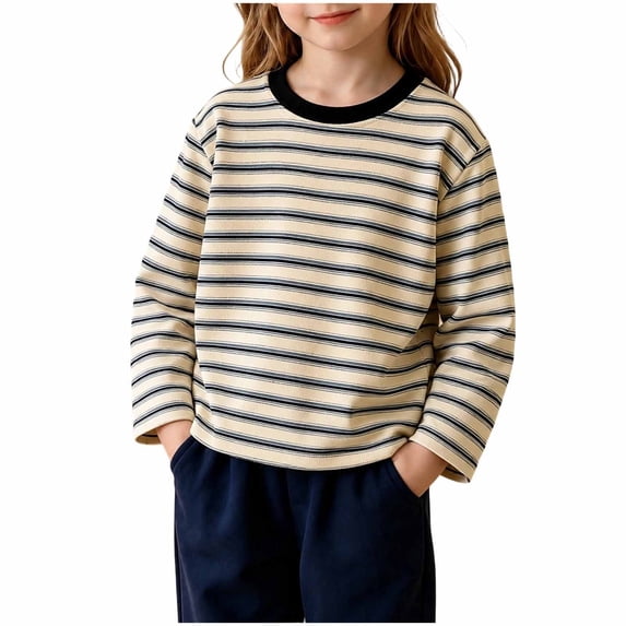 biudgviw Unisex Kids Striped Long Sleeve Shirts Comfy Crewneck Basic Tees Toddler Cotton Casual Top for Daily Wear(Black,9-10 Years)