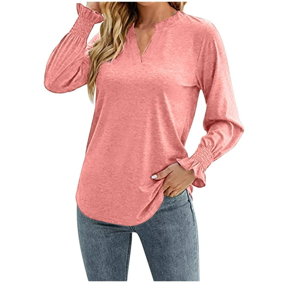 biudgviw V Neck Shirts for Women Long Sleeve Ruffle Smock Cuffs Trendy Tops Loose Fit Casual Tunic Blouses Fall Clothes
