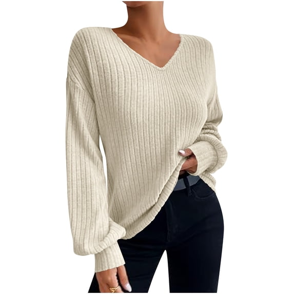 biudgviw V Neck Tops for Women Long Sleeve Lightweight Ribbed Knit Shirts Casual Loose Comfy Pullover Tops Fall Winter Fashion Clothes
