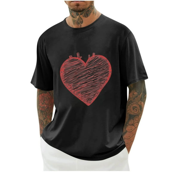 biudgviw Valentine T Shirt for Men Heart Print Short Sleeve Workout Tops Casual Loose Fit Fitness Crewneck Shirts M-4XL