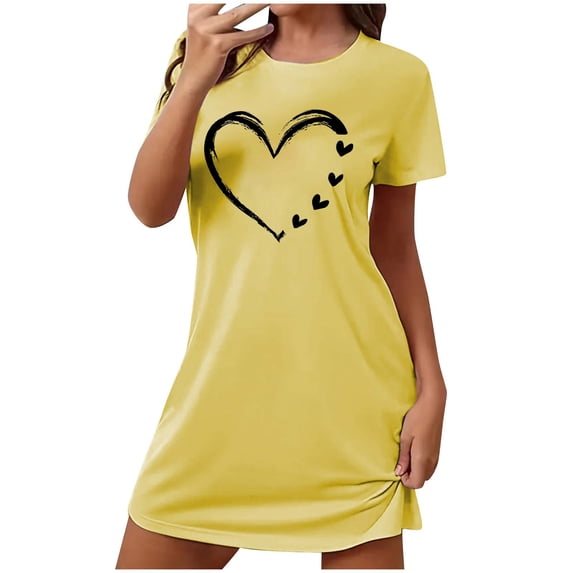 biudgviw Valentines Women's Nightgown Short Sleeve Nightdress Casual Heart Print Sleepwear Soft Crewneck Pajama Dress S-XXL