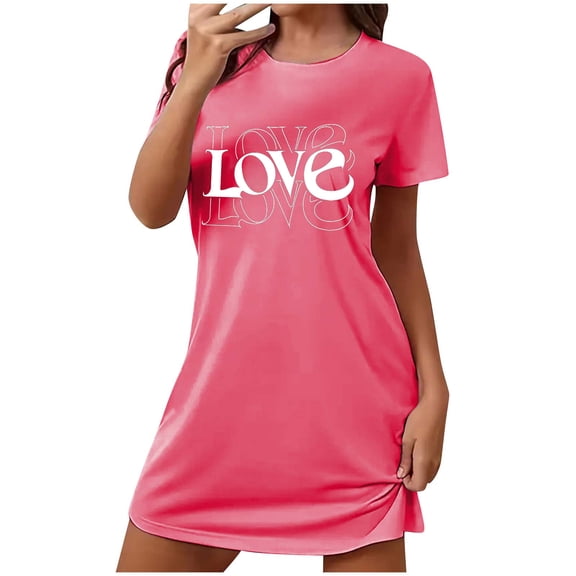 biudgviw Valentines Women's Nightgown Short Sleeve Nightdress Casual Heart Print Sleepwear Soft Crewneck Pajama Dress S-XXL