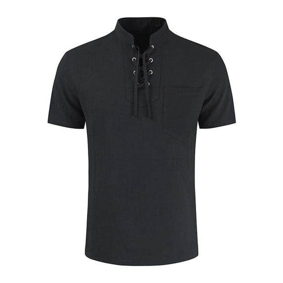 biudgviw Vintage Shirts for Men Drawstring Casual Renaissance V Neck Tops Lightweight Linen Short Sleeve Tees with Pocket