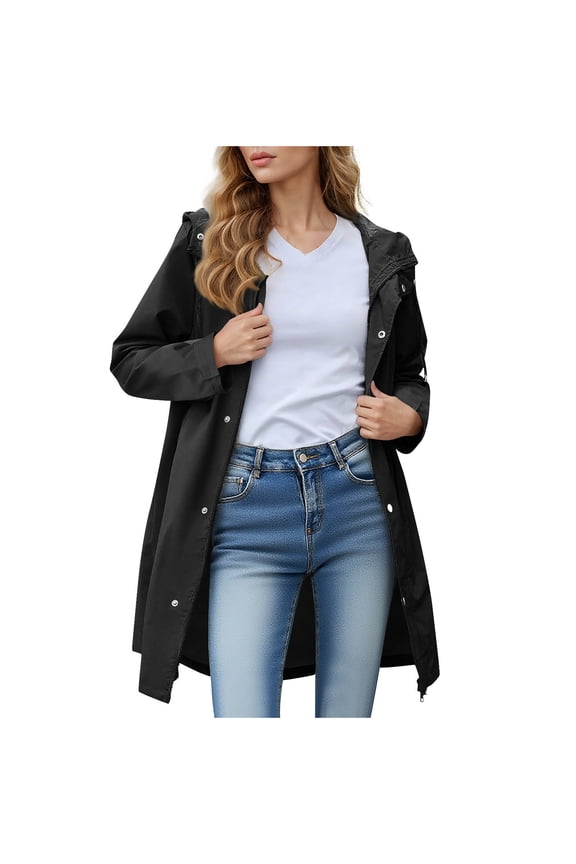 Waterproof Rain Jacket for Women with Hood Button Zip up Long Raincoat Loose Drawstring Windbreaker Trench Coat with Pockets