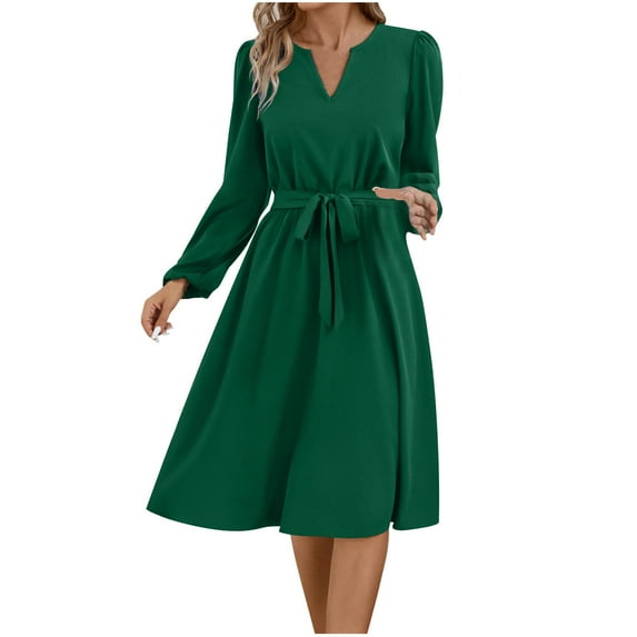 biudgviw Wedding Guest Dresses for Women Trendy Long Sleeve V Neck Plain Dress Belted Loose A-Line Party Midi Dress