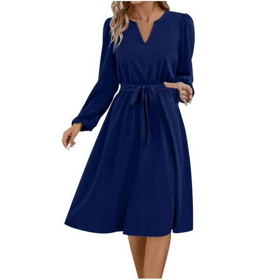 biudgviw Wedding Guest Dresses for Women Trendy Long Sleeve V Neck Plain Dress Belted Loose A-Line Party Midi Dress