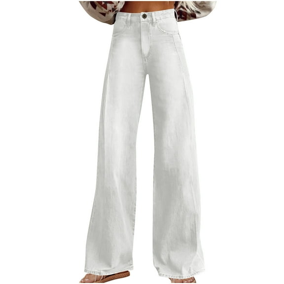 biudgviw Wide Leg Jeans for Women Pull on High Waisted Denim Pants Stretch Baggy Trendy Jeans Dressy Trousers with Pockets