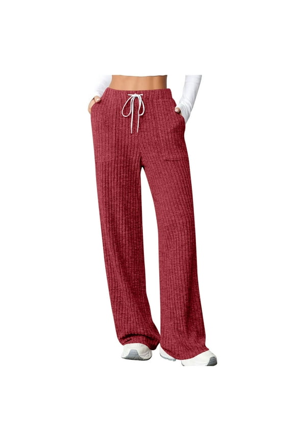Wide Leg Pants for Woman Ribbed Knit Drawstring High Waist Lounge Pants Casual Comfy Loose Soft with Pockets