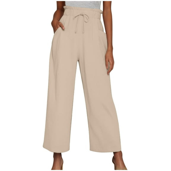 biudgviw Wide Leg Pants for Women Ruffle Drawstring Dress Pants for Work Lightweight Cotton Linen Pants with Pockets Vaction Beach Clothes