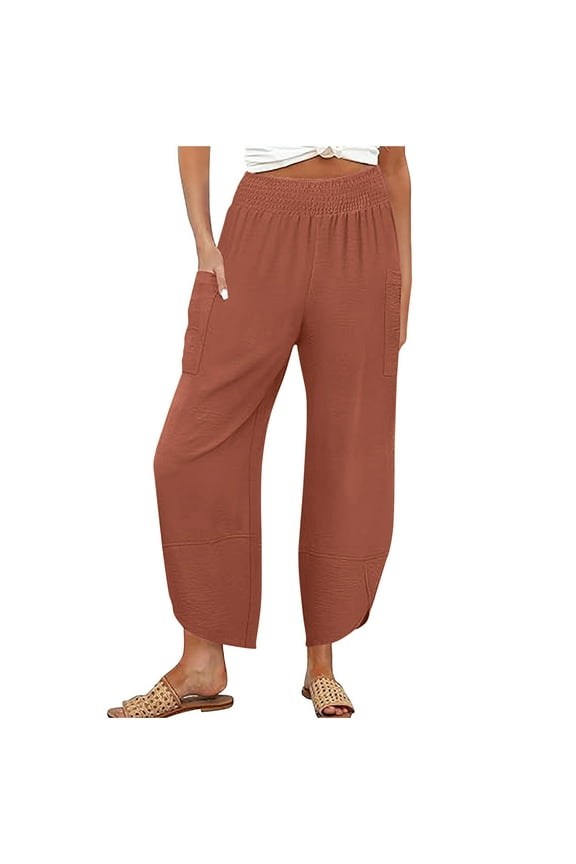 Wide Leg Pants for Women Smocked High Waisted Baggy Cropped Harem Pants with Pockets Beach Ankle Slacks Casual Capris Trousers