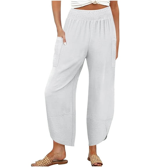 biudgviw Wide Leg Pants for Women Smocked High Waisted Baggy Cropped Harem Pants with Pockets Beach Ankle Slacks Casual Capris Trousers