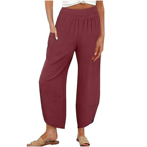 biudgviw Wide Leg Pants for Women Smocked High Waisted Baggy Cropped Harem Pants with Pockets Beach Ankle Slacks Casual Capris Trousers