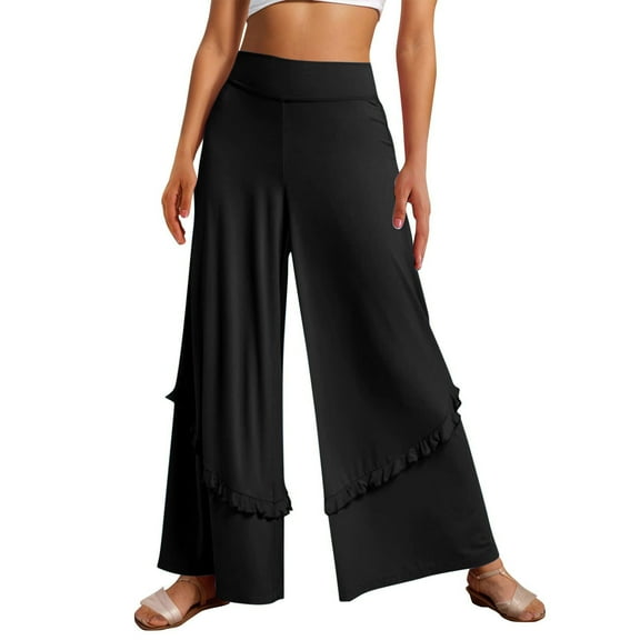 biudgviw Wide Leg Pants for Women Soft Stretch Elastic Waisted Yoga Pants Loose Tiered Ruffle Palazzo Vacation Trousers