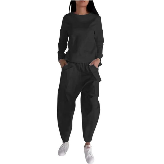 biudgviw Women 2 Piece Sets Soft Long Sleeve Back Drawstring Shirts Fall Lounge Fashion Tapered Pants Plus Size Fall Outfits