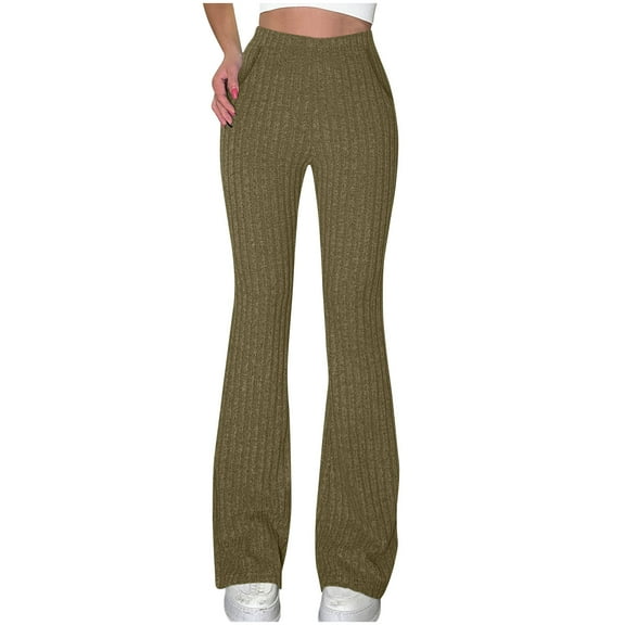biudgviw Women Flare Leggings Bootcut Yoga Pants High-Waisted Casual Lounge Pants Ribbed Knit Comfy Workout Leggings Activewear with Pockets