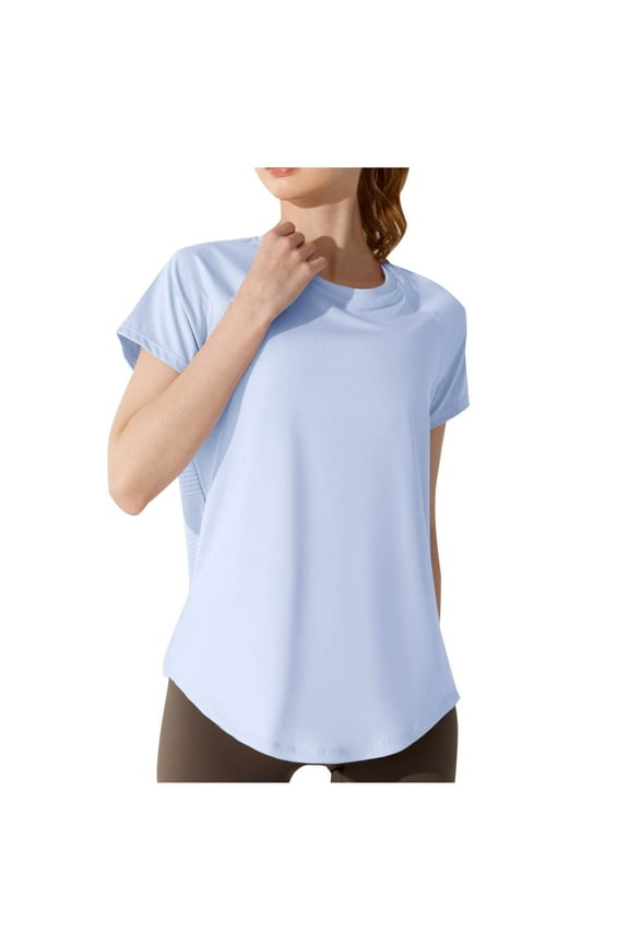 Women Short Sleeve Workout Shirts Open Back Tops Side Split Casual Yoga Athletic Crewneck Tees Breathable Activewear