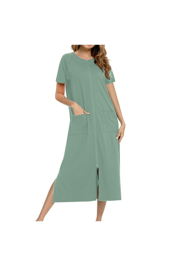 Women Zip Up Robe Short Sleeve Loungewear Side Split Full Length Sleepwear Lightweight Bathrobe with Pockets S-XXL