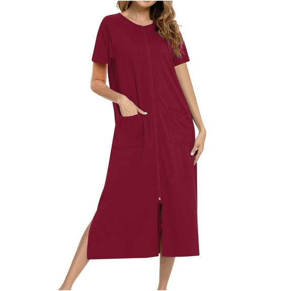 biudgviw Women Zip Up Robe Short Sleeve Loungewear Side Split Full Length Sleepwear Lightweight Bathrobe with Pockets S-XXL