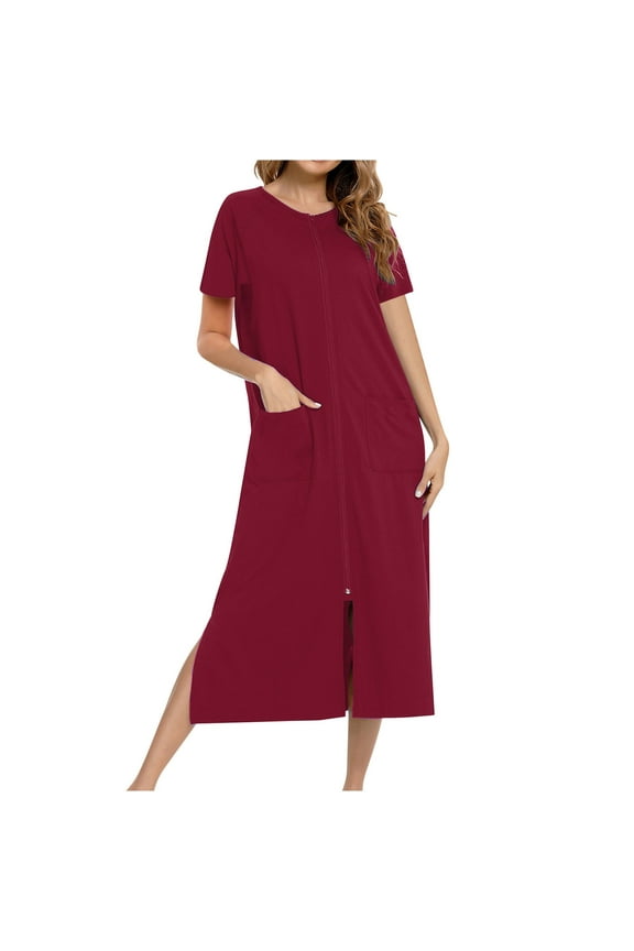 Women Zip Up Robe Short Sleeve Loungewear Side Split Full Length Sleepwear Lightweight Bathrobe with Pockets S-XXL