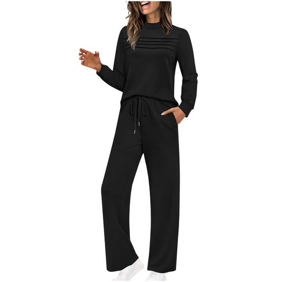 biudgviw Women's 2 Piece Sets Pleated Long Sleeve Tops with Drawstring Pants Lounge Sweatsuits with Pockets Airport Travel Outfit
