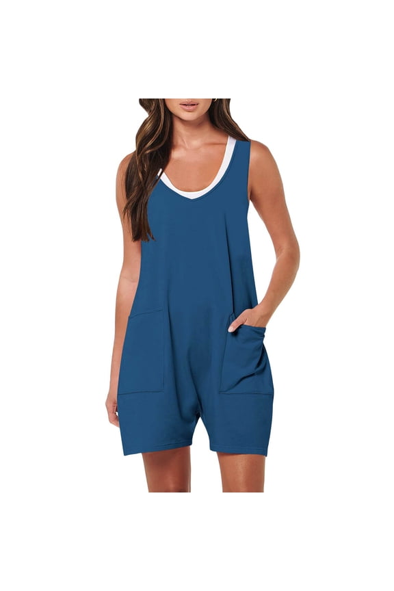 Women's Athletic Rompers Ribbed U Neck Sleeveless Workout Tank Jumpsuits Backless Summer Casual Outfits with Pockets