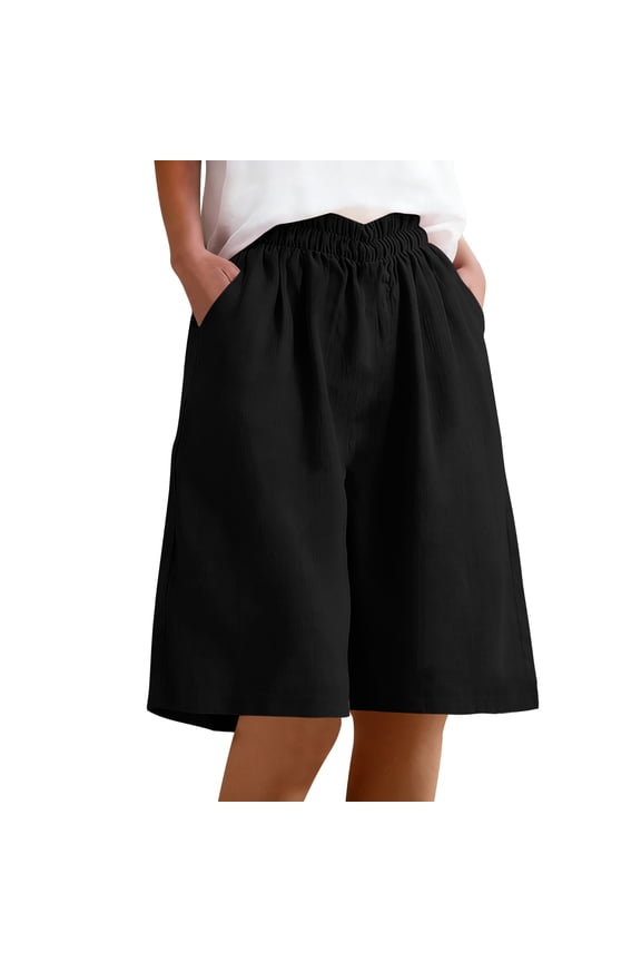 Women's Bermuda Shorts Cotton Linen Wide Leg Shorts Casual Loose Knee Length Summer Shorts Beach Vacation Clothes