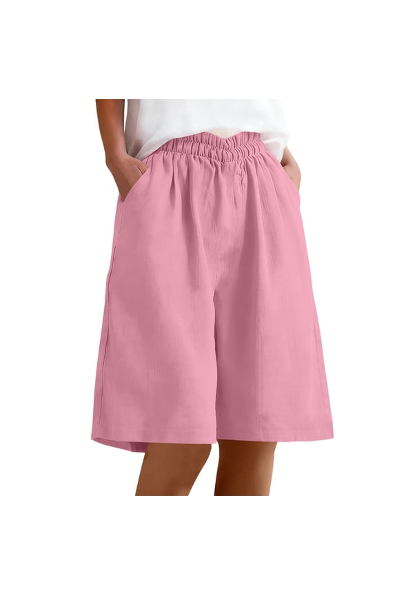 Women's Bermuda Shorts Cotton Linen Wide Leg Shorts Casual Loose Knee Length Summer Shorts Beach Vacation Clothes