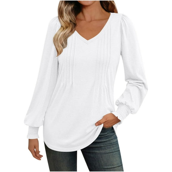 biudgviw Women's Blouses for Fall Trendy Outfits V Neck Long Sleeve Pleated Shirts Casual Smocked Cuffs Tunic Tops