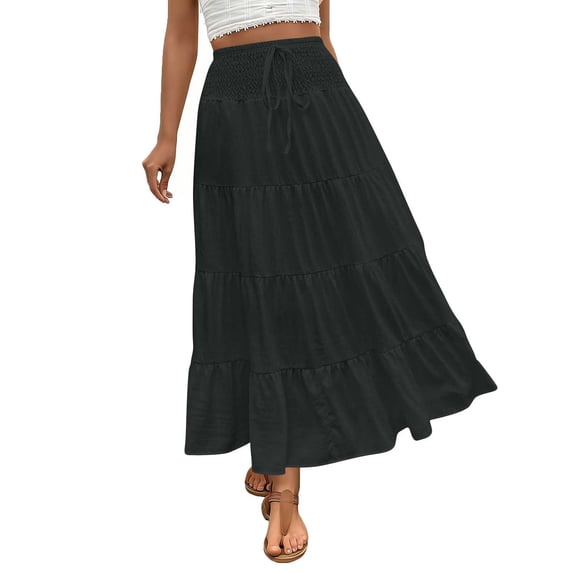 biudgviw Women's Boho Maxi Skirts Casual Elastic Waist Drawstring Long Skirts Loose Flowy Tiered Skirts for Summer Beach Vacation
