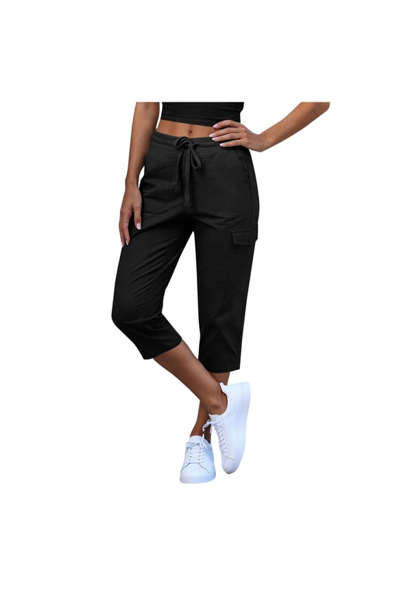 Women's Cargo Capris Pants Outdoor Hiking Chino Pants Drawstring Elastic Waist Casual Travel Pants with Pockets