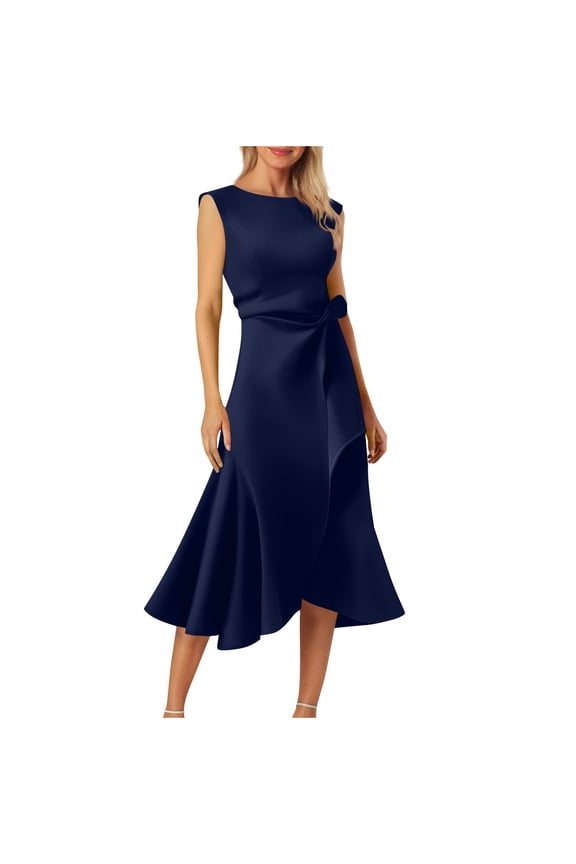 Women's Cocktail Dresses Sleeveless Bodycon Ruffle Dress Elegant Casual Crewneck Formal Prom Dress with Zipper