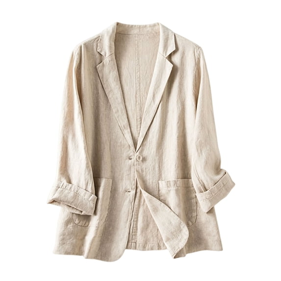 biudgviw Women's Cotton Linen Blazer Button Casual Lapel Long Sleeve Jackets Lightweight Pleated Suit Jacket with Pockets