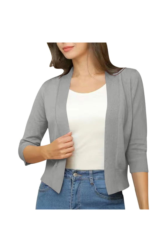Women's Cropped Cardigan Lightweight 3/4 Sleeve Open Front Sweaters Comfy Casual Classic Cover Ups Fall Fashion Tops