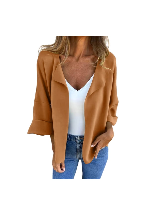 Women's Cropped Cardigan for Fall Trendy Clothes Plus Size 3/4 Sleeve Open Front Jacket Casual Loose Lapel Lightweight Cover Ups
