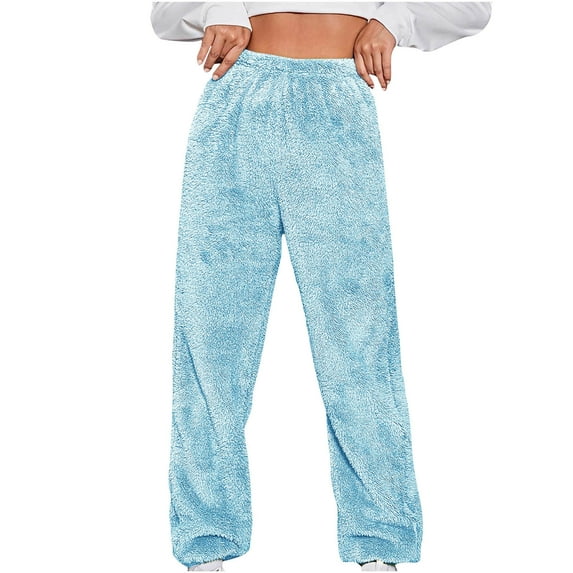 biudgviw Women's Fuzzy Pajama Pants for Cold Winter High Waist Warm Thermal Lounge Pants Casual Straight Leg Fluffy Sleepwear