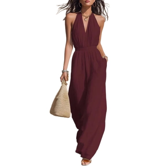 biudgviw Women's Halter Jumpsuits Casual V Neck Sleeveless Ruched Rompers Elastic Waist Wide Leg Jumpsuit with Pockets