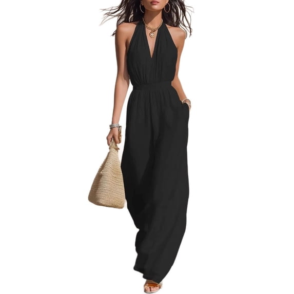 biudgviw Women's Halter Jumpsuits Casual V Neck Sleeveless Ruched Rompers Elastic Waist Wide Leg Jumpsuit with Pockets