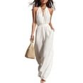 thumbnail image 1 of biudgviw Women's Halter Jumpsuits Casual V Neck Sleeveless Ruched Rompers Elastic Waist Wide Leg Jumpsuit with Pockets, 1 of 7
