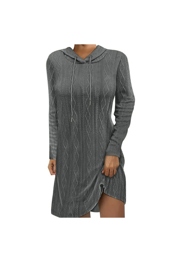 Women's Hooded Sweatshirt Drawstring Lightweight Mini Dress Long Sleeve Solid Color Pullover Hoodie Dress