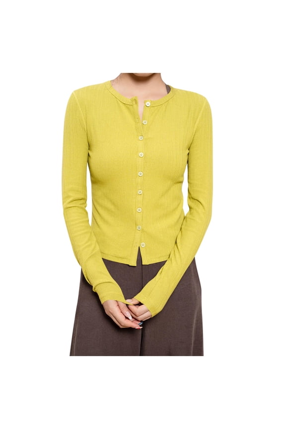 Women's Long Sleeve Tops Button Down Cropped Knit Cardigan Comfy Slim Fit Crew Neck Casual Shirts Fall Trendy Clothes