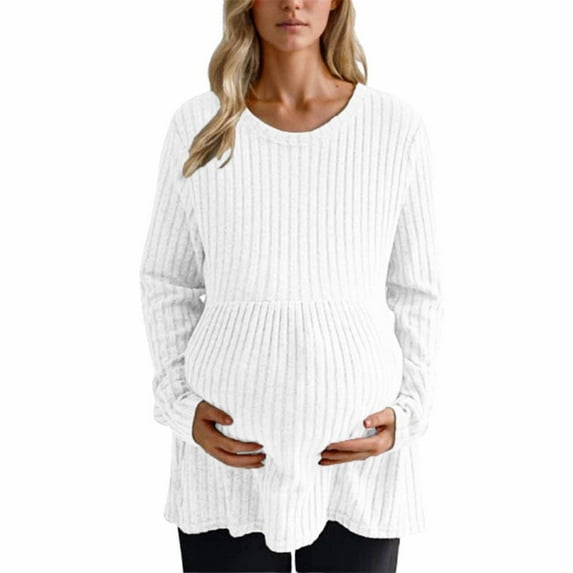 biudgviw Women's Maternity Tops for Fall Winter Long Sleeve Pleated Tunic Blouse Casual Comfy Crew Neck Ribbed Knit Shirt Pregnant Clothes