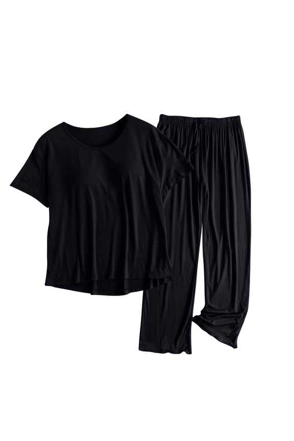 Women's Pajama Sets Casual Short Sleeve Sleepwear Comfy Soft Crew Neck Shirts with Drawstring Ruffle Hem Long Pants Pj Sets