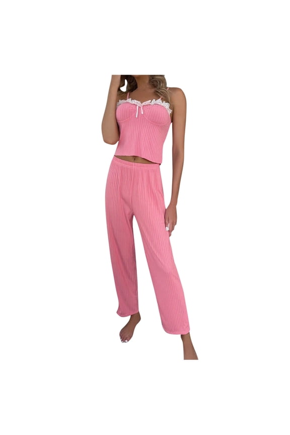 Women's Pajama Sets Lace Sleevelesss Textured Sleepwear Lightweight Casual Crop Tops with Wide Leg Pants Pj Sets