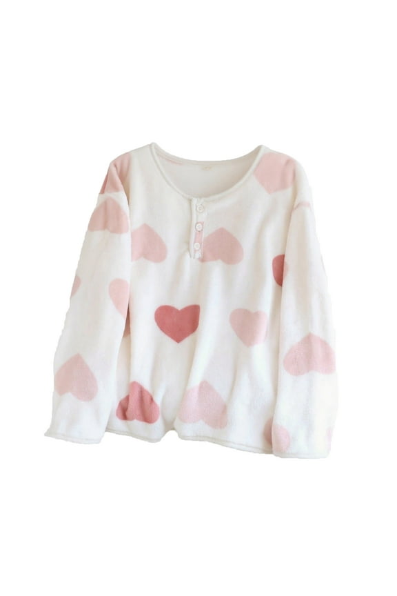 Women's Pajama Tops Winter Fleece Fuzzy Button Crew Neck Long Sleeve Loungewear Oversized Warm Thermal Print Sleepwear
