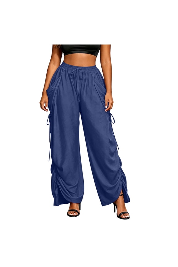 Women's Palazzo Pants Side Split Casual Drawstring Harem Pants Loose Pleated Wide Leg Trousers with Pockets