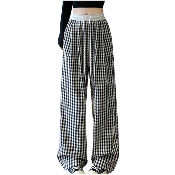 biudgviw Women's Plaid Pants Casual Loose Drawstring Elastic Waisted Baggy Lounge Trousers Fall Travel Vacation Wide Leg Pants with Pockets