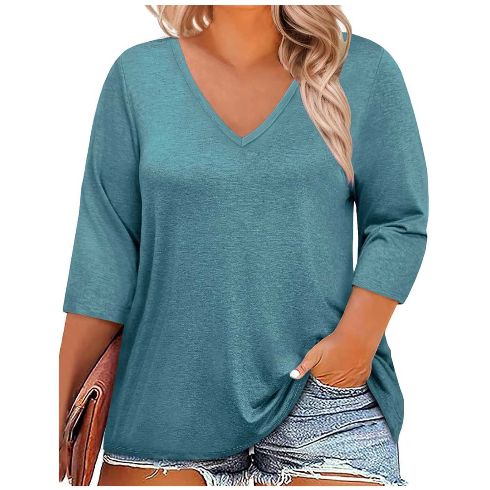biudgviw Women's Plus Size 3/4 Sleeve Tops Casual Comfy V Neck Tee ...