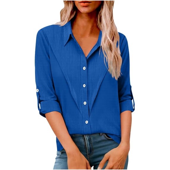 biudgviw Women's Plus Size Button Down Shirts Rolled Up Long Sleeve Pleated Blouses Dressy Casual Collared Work Tunic Tops